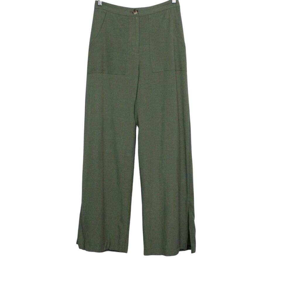 Lulus Jet Stream Olive Green High-Waisted Wide-Leg Pants Slit Hem Linen Blend Sm - Picture 3 of 14